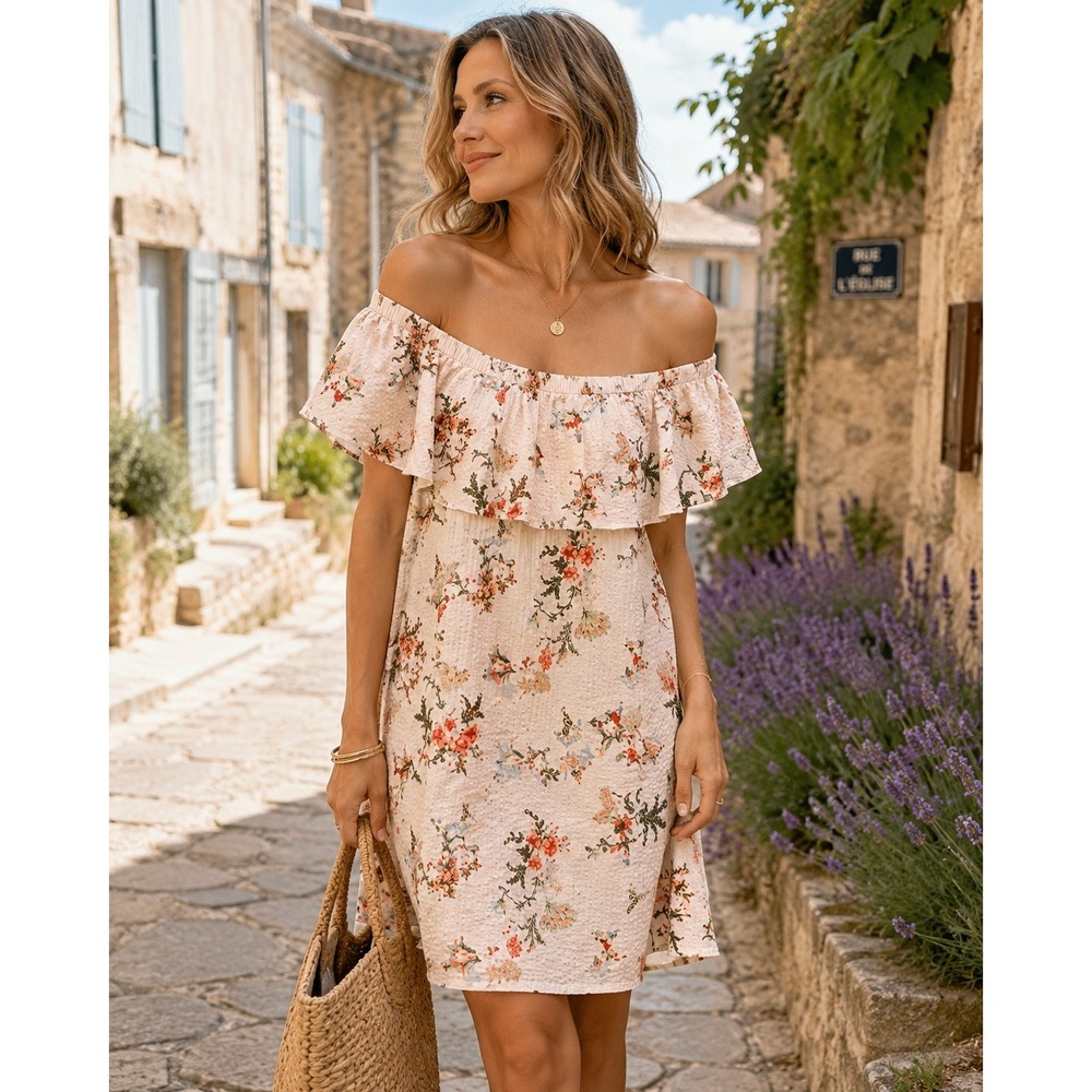 Skies Are Blue Women L Floral Seersucker Dress Ruffle Off Shoulder Cottagecore